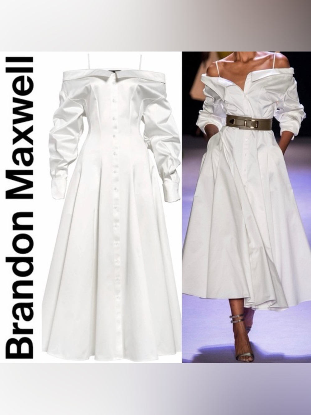 👹NWT Brandon Maxwell Off-Shoulder White Sz 8 Long Sleeve Cotton Midi Shirtdress